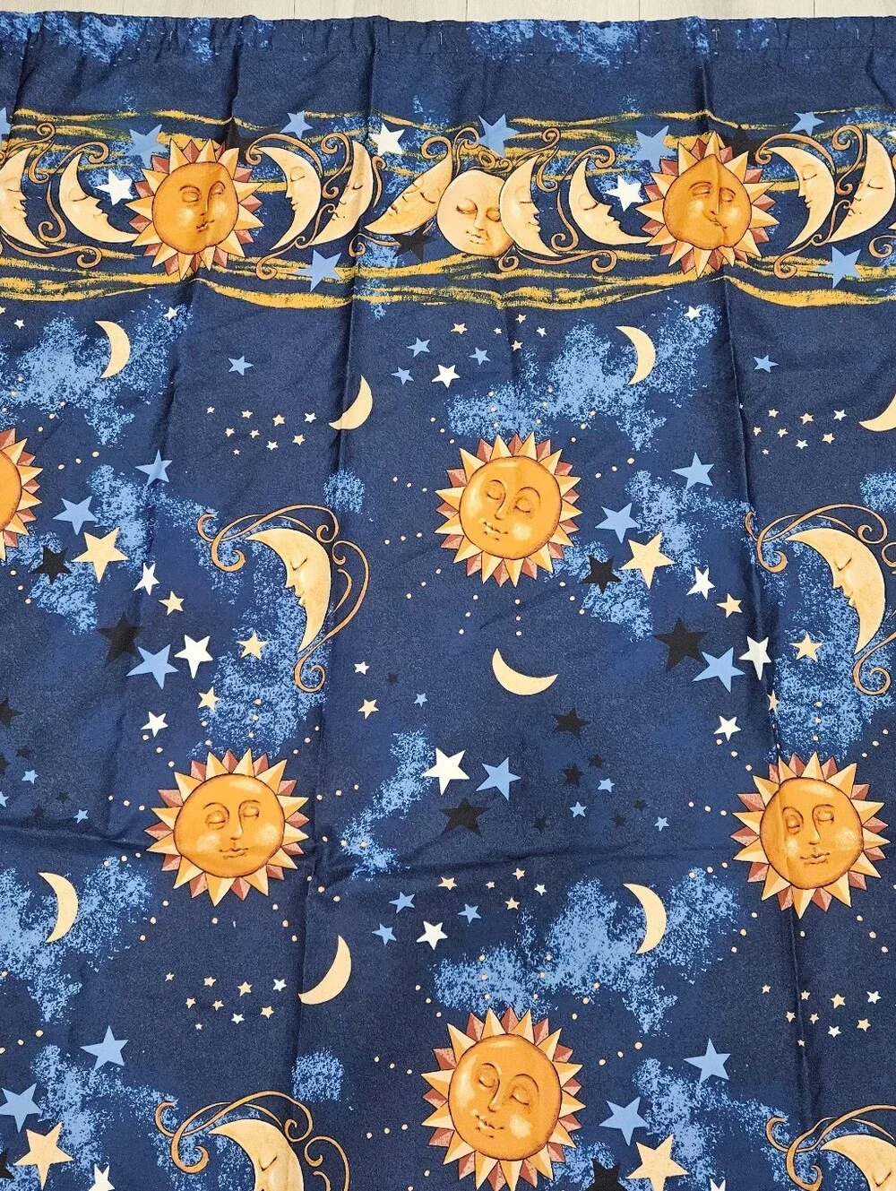 VTG 90s Celestial Sun Moon & Stars Shower Curtain Midnight Blue Gold Boho Taiwan